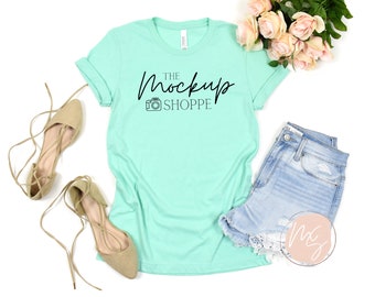 3001 Heather MInt, Bella Canvas 3001 mockup, 3001 Bella mockup, Bella Canvas Spring Tshirt flat lay, lifestyle summer mockup, digital mockup