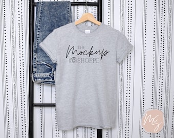 Gildan 64000 mockup Sport Grey, Hanging Gildan softstyle tshirt mockup, 64000 mockup flat lay, lifestyle mockup, simple styled mock ups