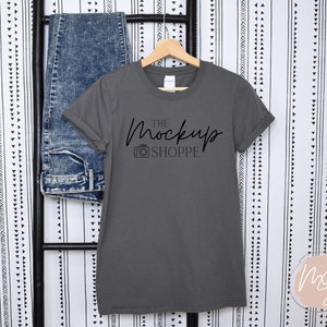 Gildan 64000 mockup Charcoal Grey, Hanging Gildan softstyle tshirt mockup, 64000 mockup flat lay, lifestyle mockup, simple styled mock ups