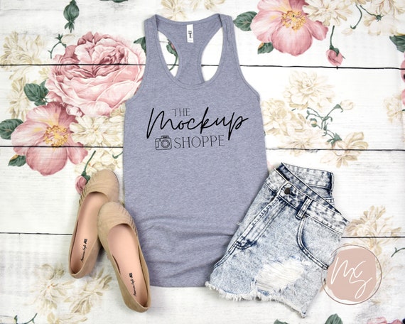 Heather Gray Next Level 1533 mockup, 1533 mockup, womens Next Level 1533, summer tank top mockup, racerback mock up, 1533 spring flat lay