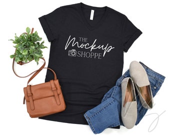 3005 Black Heather, Bella Canvas 3005 mockup, Vneck mockup, spring flat lay, lifestyle mockup, 3005 V-neck, summer Tshirt, digital mockup