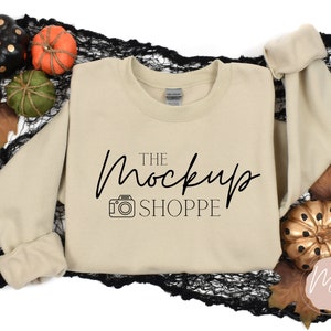 Halloween Mockup, Sand, Gildan 18000 sweatshirt mock-up, Gildan mockup fall, 18000 heavy cotton crewneck flat lay, spooky lifestyle mock up