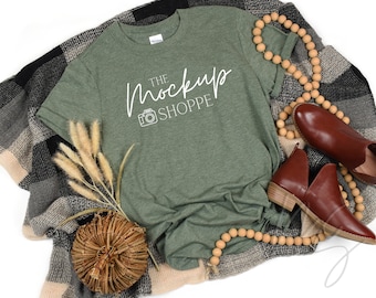 Gildan 64000 Fall mockup Heather Military Green, Gildan softstyle tshirt, 64000 mockup flat lay, lifestyle mockup, simple styled mock ups