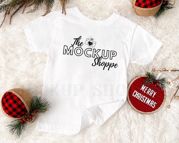 White Bella Canvas 3001T Christmas mockup, Bella Canvas kids mockup, simple Bella mockup, unisex toddler shirt flat lay, kids holiday mockup