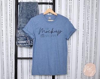 Gildan 64000 mockup Heather Indigo, Hanging Gildan softstyle tshirt mockup, 64000 mockup flat lay, lifestyle mockup, simple styled mock ups