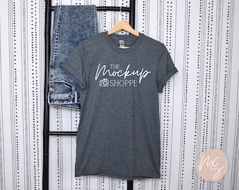 Gildan 64000 mockup Dark Heather, Hanging Gildan softstyle tshirt mockup, 64000 mockup flat lay, lifestyle mockup, simple styled mock ups