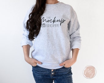 Ash Gildan 18000 model mockup, 18000 sweatshirt mockup, simple crewneck model mock-up, Gildan lifestyle mockup, light grey pull over sweater