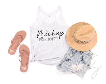 Next Level 6733 mockup, Heather White, spring mock up, Next Level 6733 flat lay, beach summer lifestyle mockup, 6733 triblend racerback