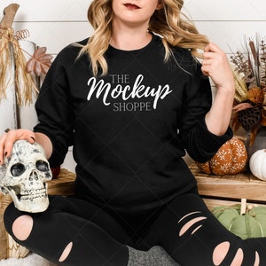 Black Gildan 18000 model mock-up, fall model mockup, Gildan mockup, 18000 heavy cotton crewneck, autumn flat lay, spooky lifestyle mock up