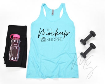 Next Level 6733 mockup, Tahiti Blue, workout mock up, Next Level 6733 flat lay, spring or summer lifestyle mockup, 6733 triblend racerback