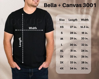May include: Size chart for Bella + Canvas 3001 t-shirts. The chart shows the length and width in inches for sizes XS to 4X.