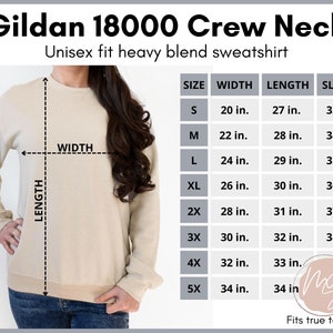 Gildan 18000 size chart, 18000 mockup, styled unisex size chart, Gildan heavy cotton, crew neck sweatshirt, model mockup, simple size chart