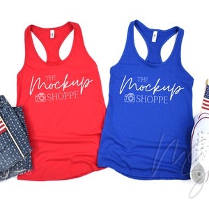 May include: Two racerback tank tops, one red and one blue, with the text "The MockUp Shoppe" and a camera icon printed on the front.