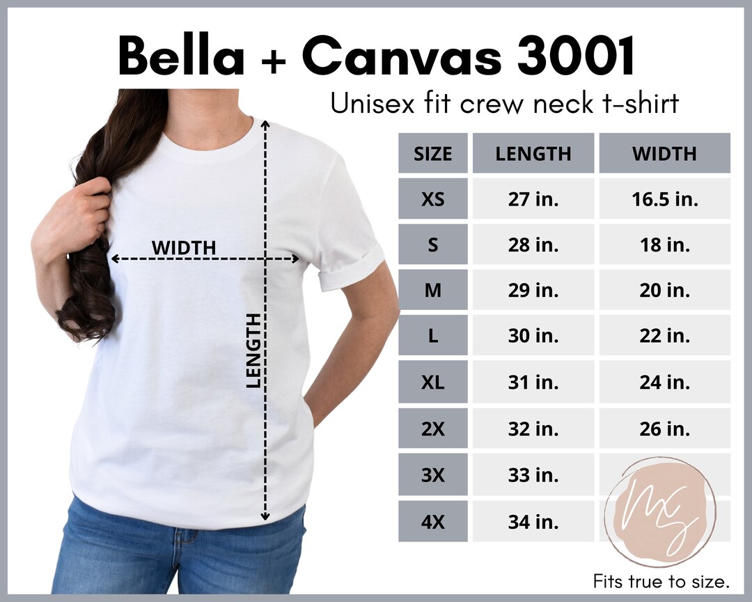 Bella Canvas 3001 Size Chart, 3001 Mockup, Unisex Size Chart, Bella ...