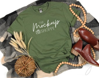 Gildan 64000 Fall mockup Military Green, Gildan softstyle tshirt mockup, 64000 mockup flat lay, lifestyle mockup, simple styled mock ups