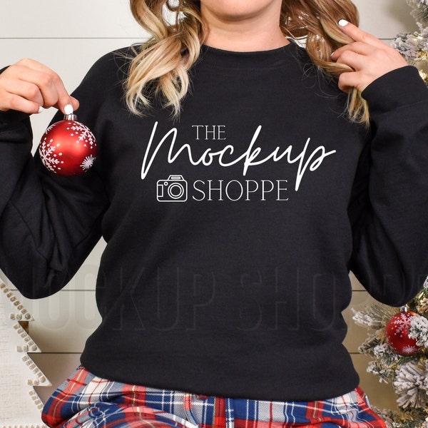 Black, Gildan 18000 Christmas model mock-up, Gildan sweatshirt mockup winter, 18000 heavy blend crewneck flat lay, lifestyle mock up