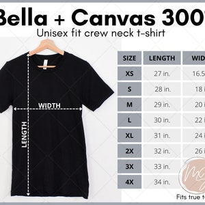 Puede incluir: Camiseta negra de cuello redondo unisex con una tabla de tallas que muestra las medidas en pulgadas. Las tallas van de la XS a la 4X. Bella + Canvas 3001.