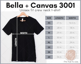Bella Canvas 3001 size chart, 3001 mockup, Unisex size chart, Bella Canvas size chart, mens womens size guide, crew neck t-shirt size chart