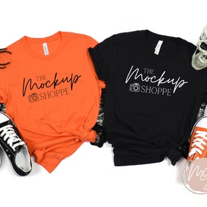 Group Halloween mockup, Orange and Black, Bella Canvas 3001 mockup, Duo fall mockup template, Tshirt flat lay, autumn lifestyle mockup