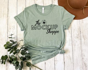 Heather Sage, Bella Canvas 3001 mockup, Bella mockup, boho flat lay mockup, 3001 mockup, simple women's lifestyle mockup, digital mockup