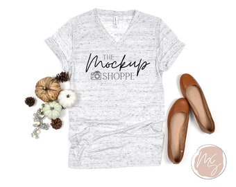 Bella Canvas 3005 fall mockup, White Marble, Bella Vneck mockup, simple flat lay, lifestyle mockup, autumn v-neck Tshirt, digital mockup