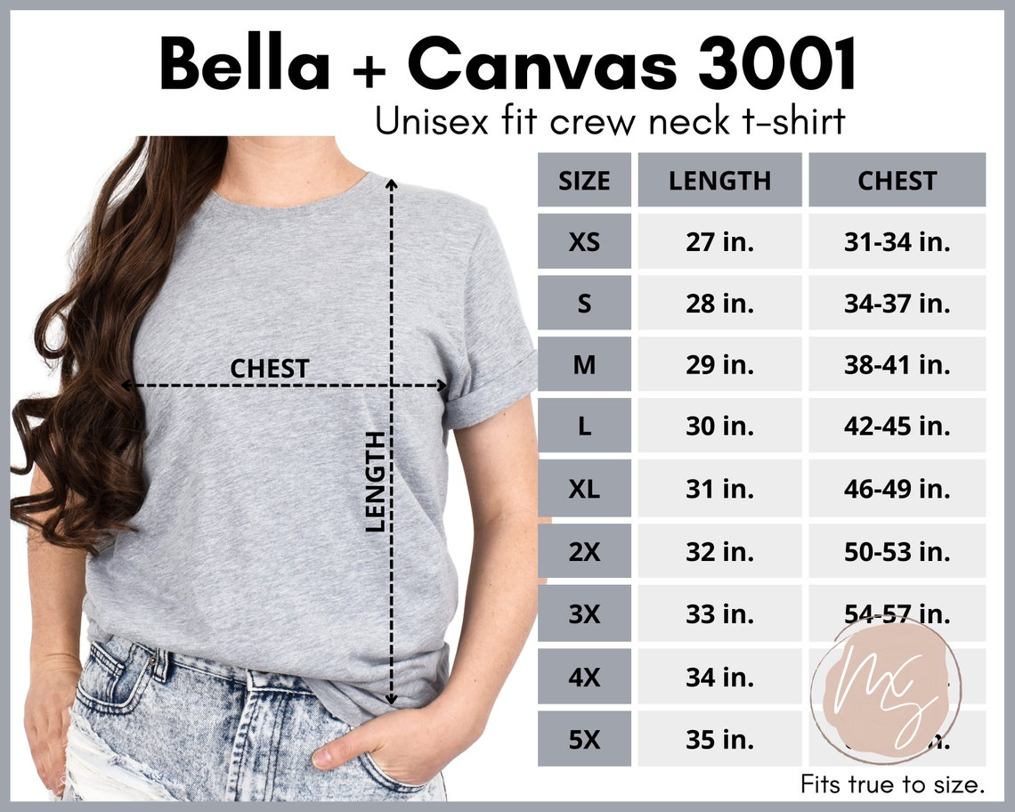 Bella Canvas 3001 Size Chart 3001 Mockup Unisex Size Chart - Etsy