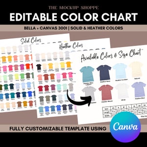 Bella Canvas 3001 | EDITABLE COLOR CHART | 3001 mockup, Bella Canvas color chart, Canva template, digital color chart, mockup template Canva