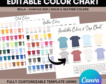 Bella Canvas 3001 | EDITABLE COLOR CHART | 3001 mockup, Bella Canvas color chart, Canva template, digital color chart, mockup template Canva