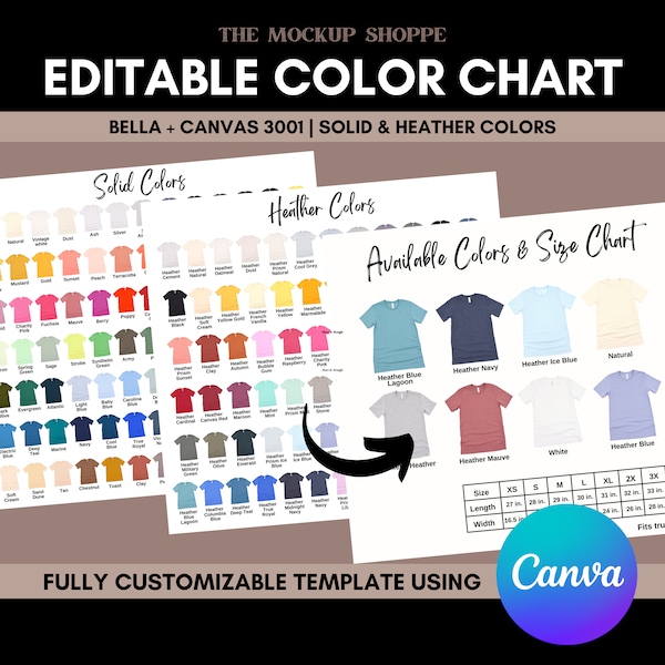 Bella Canvas 3001 | EDITABLE COLOR CHART | 3001 mockup, Bella Canvas color chart, Canva template, digital color chart, mockup template Canva