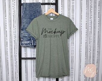 Gildan 64000 mockup Heather Military Green, Hanging Gildan softstyle tshirt mockup, 64000 mockup flat lay, lifestyle mockup, styled mock ups