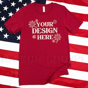 Cardinal, 4th of July mockup, Men&#39;s Bella Canvas 3001 mockup, Bella mockup template, unisex patriotic tshirt flat lay, lifestyle mockup