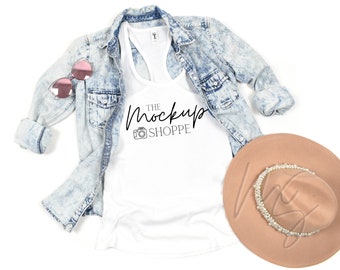 White Next Level 1533 Mockup, 1533 Mockup, Womens Spring Next Level 1533, Summer Tank Top Mockup, Racerback Mock Up, 1533 Beach Flat lay