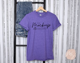 Gildan 64000 mockup Heather Purple, Hanging Gildan softstyle tshirt mockup, 64000 mockup flat lay, lifestyle mockup, simple styled mock ups