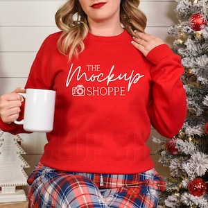Red, Gildan 18000 Christmas model mock-up, Gildan sweatshirt mockup winter, 18000 heavy blend crewneck flat lay, lifestyle model mock up