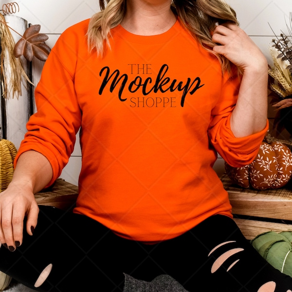 Fall Model Mockup, Orange, Gildan 18000 sweatshirt mock-up, Gildan mockup, 18000 heavy cotton crewneck flat lay, autumn lifestyle mock up