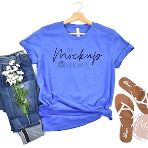 3001 Heather True Royal, Bella Canvas 3001 mockup, Bella mockup, Spring Tshirt flat lay, lifestyle mockup, summer t shirt mock up, digital