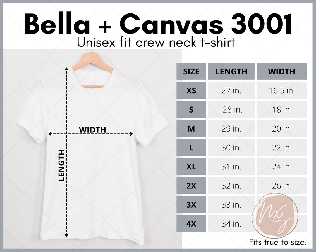 Bella Canvas 3001 Size Chart 3001 Mockup Unisex Size Chart - Etsy