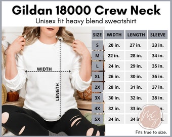 Gildan 18000 size chart, 18000 mockup, styled unisex size chart, Gildan heavy cotton, crew neck sweatshirt, model mockup, simple size chart