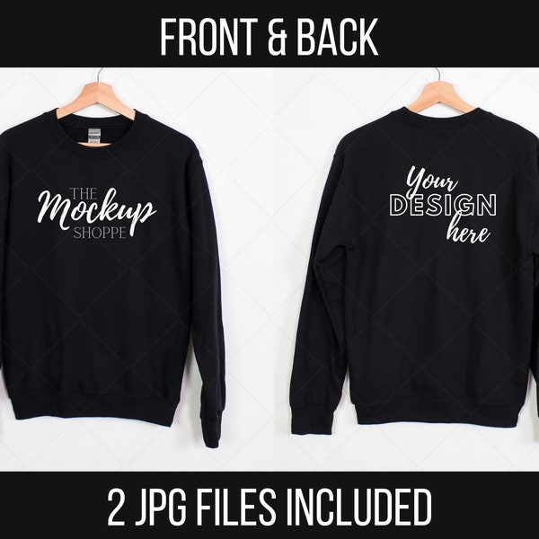 Black, Gildan 18000 mockup Front and Back, hanging Gildan mockup, 18000 Gildan heavy blend, simple sweater lifestyle mockup, 18000 mockup