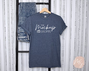 Gildan 64000 mockup Heather Navy, Hanging Gildan softstyle tshirt mockup, 64000 mockup flat lay, lifestyle mockup, simple styled mock ups