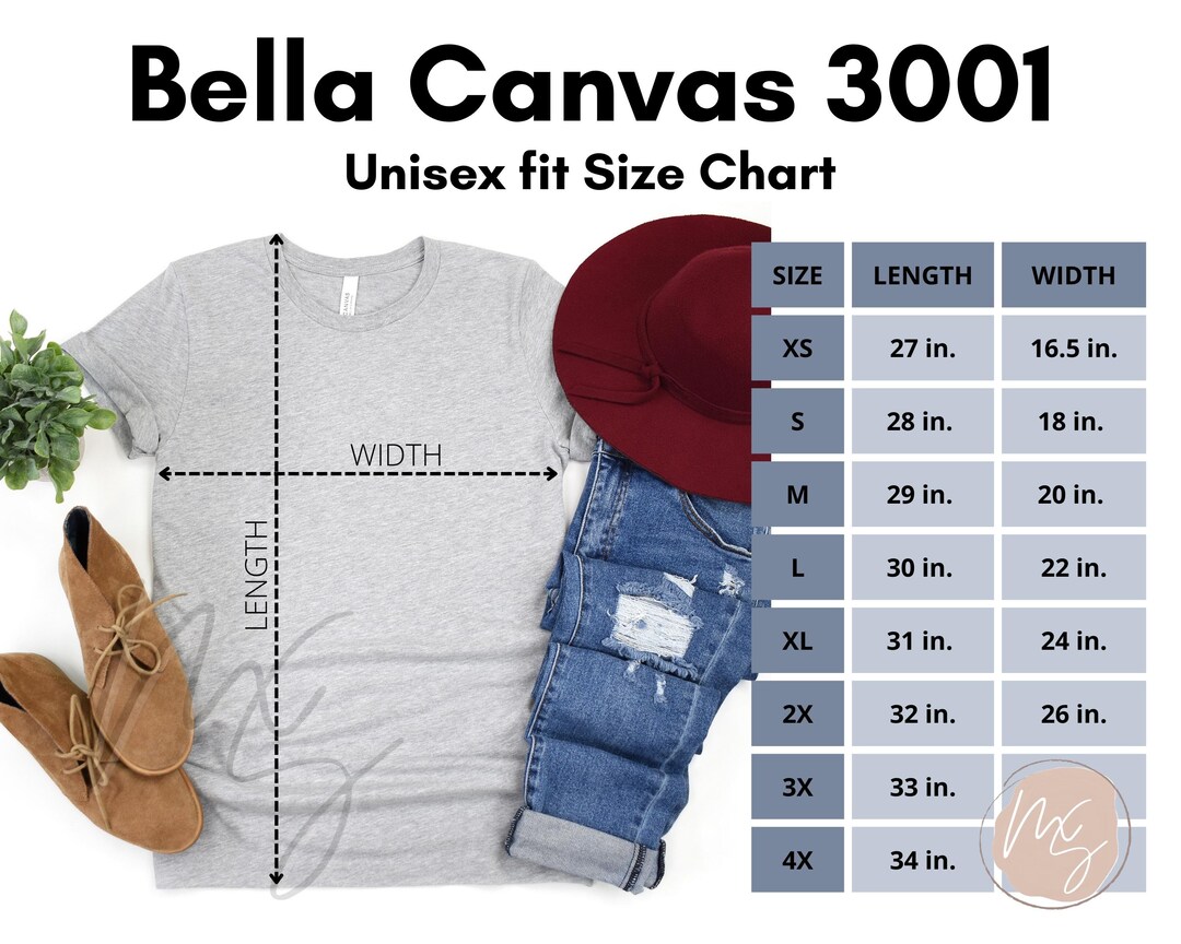 Bella Canvas 3001 Size Chart 3001 Mockup Unisex Size Chart Bella Canvas ...