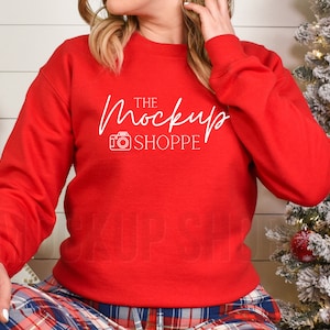 Christmas mockup, Red, Gildan 18000 model mock-up, Gildan sweatshirt mockup winter, 18000 heavy blend crewneck flat lay, lifestyle mock up