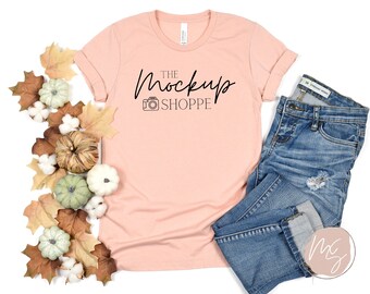 Heather Peach, Bella Canvas 3001 fall mockup, Bella mockup, autumn Bella Canvas Tshirt flat lay, simple lifestyle mockup, digital mockup