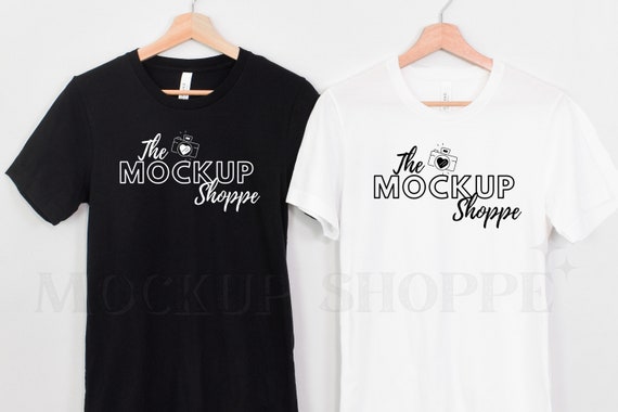 White and Black, Bella Canvas 3001 mockup, 3001 mockup men's, hanging mockup template, unisex duo Tshirt flat lay, simple lifestyle mockup