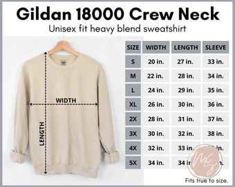 Gildan 18000 size chart, 18000 mockup, styled unisex size chart, Gildan heavy cotton, crew neck sweatshirt, model mockup, simple size chart