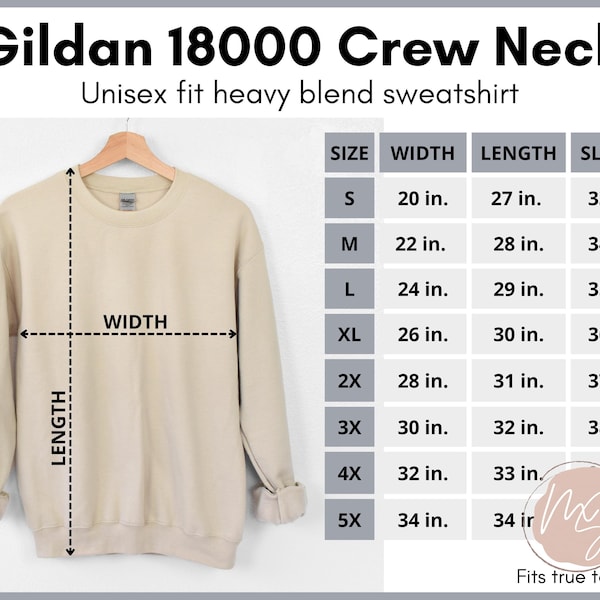 Gildan 18000 size chart, 18000 mockup, styled unisex size chart, Gildan heavy cotton, crew neck sweatshirt, model mockup, simple size chart