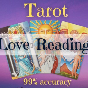 Könnte beinhalten: Tarotkarten mit bunten Illustrationen, die die Sonne, die Kaiserin und den Engel darstellen. Die Karten sind in Dreiecksform angeordnet, mit dem Text "Tarot Love Reading 99% accuracy" darunter.