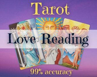 May include: Tarot cards with colourful illustrations depicting the Sun, the Empress, and the Angel cards. The cards are arranged in a triangular shape with the text "Tarot Love Reading 99% accuracy" below them.