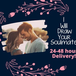 Könnte beinhalten: Eine digitale Illustration eines verliebten Paares mit einem rosa floralen Rand. Der Text lautet "Ich zeichne deinen Seelenverwandten 24-48 Stunden Lieferung!"