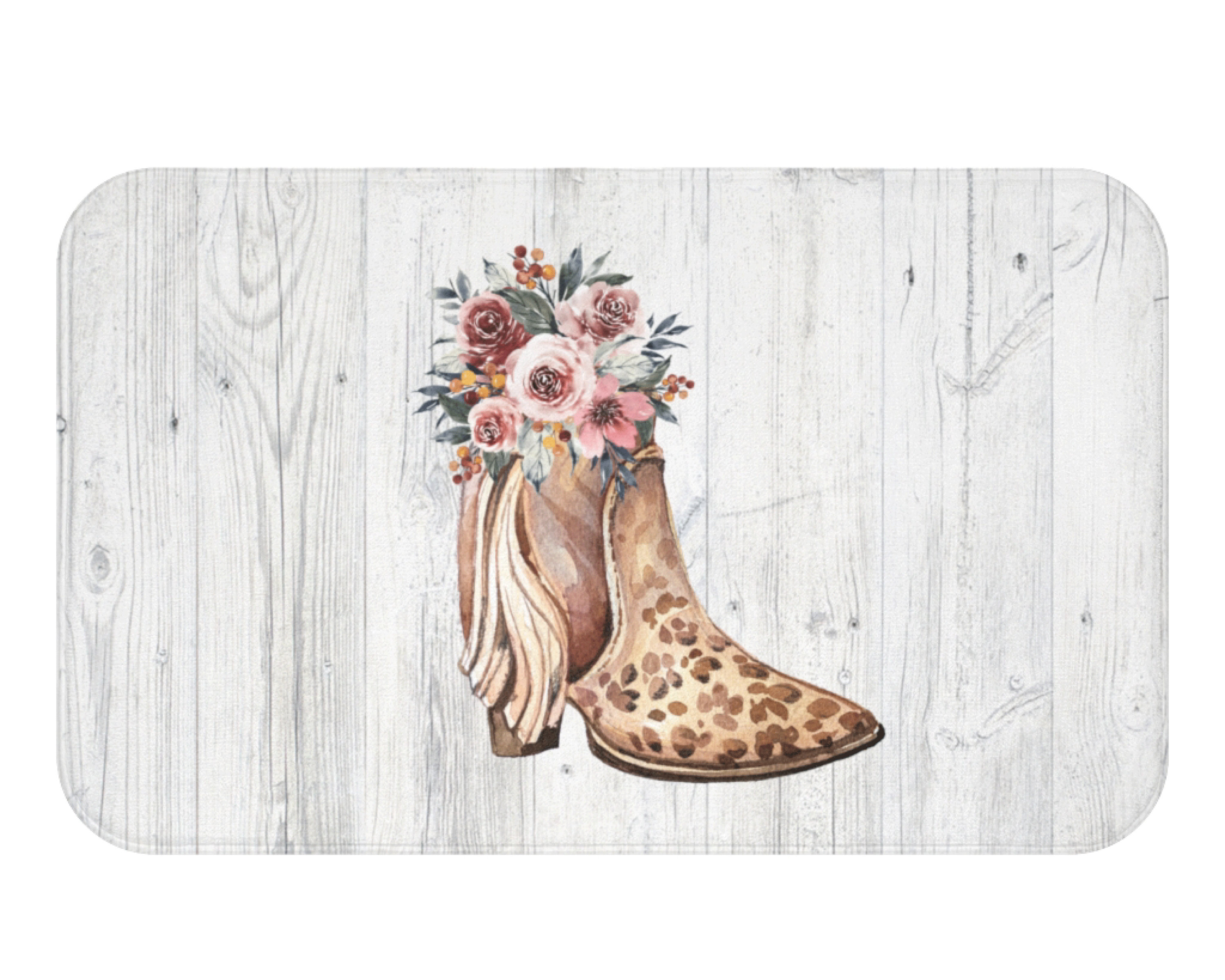 Boho Bathroom Rug, Country and Western Bath Mat, Cowgirl Boot Bathroom Accessories, Powder Room Rugs, Pink Watercolor Flowers, White Wood